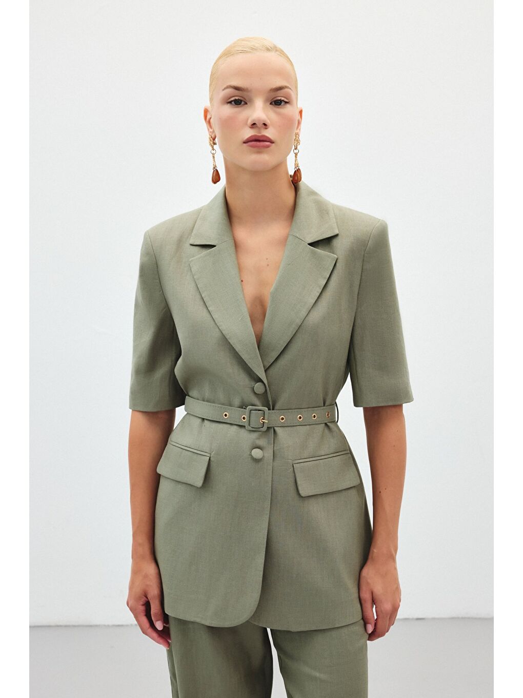 Kısa Kollu Kemerli Ceket - Haki-4