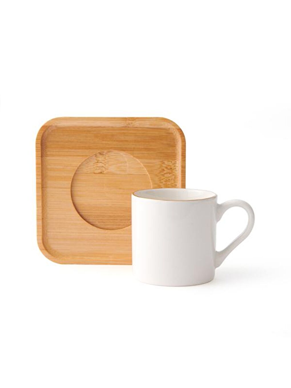 4 Parça Bambu Tabaklı Porselen Fincan Takımı - Beyaz-2