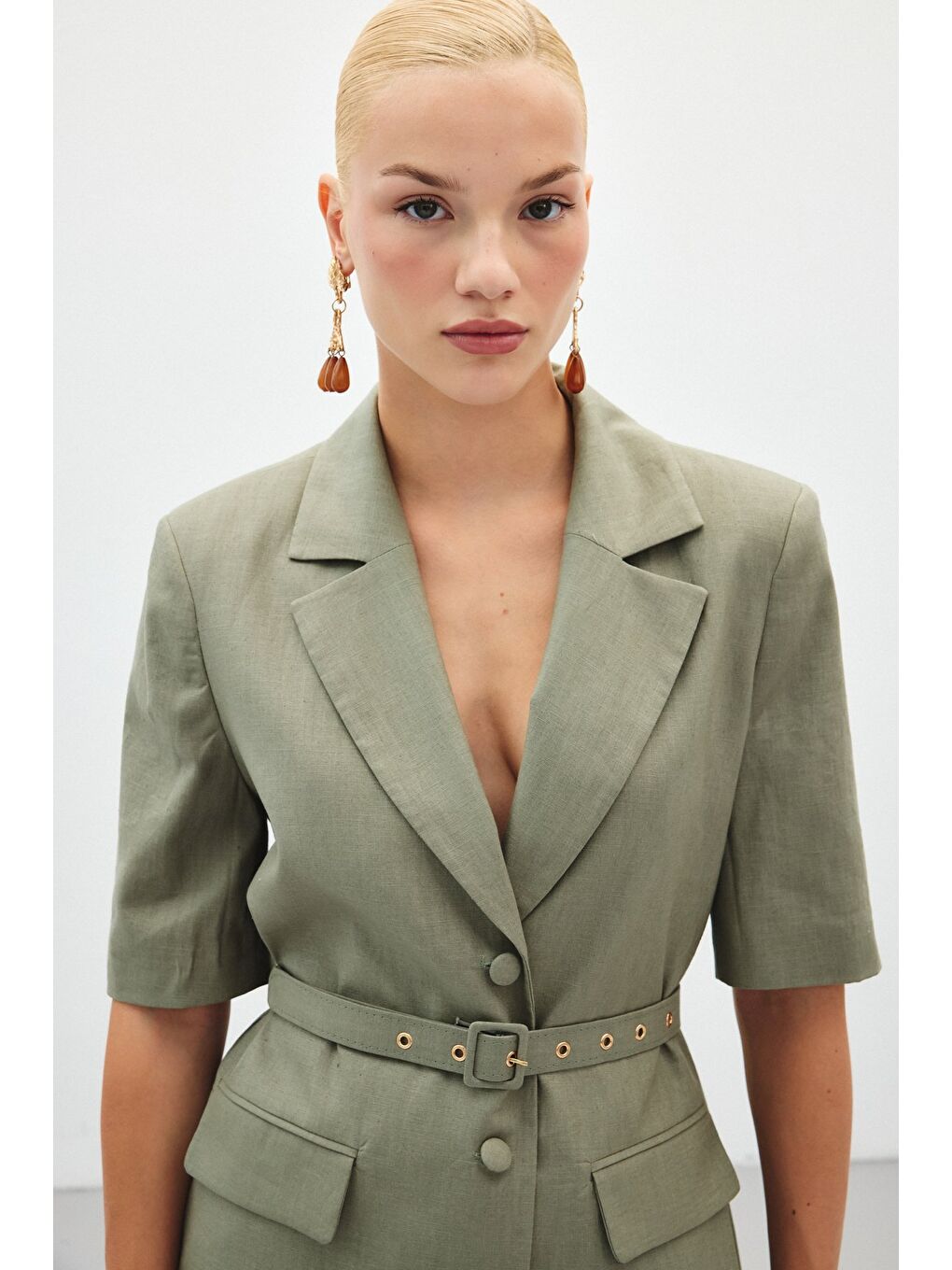 Kısa Kollu Kemerli Ceket - Haki-5
