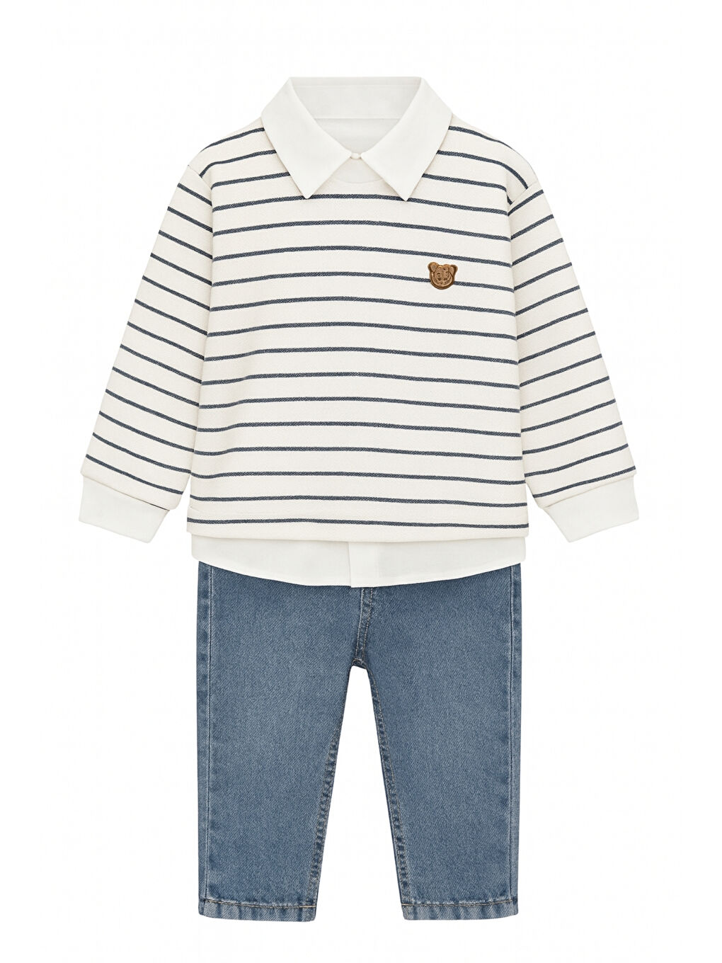 Haki Erkek Çocuk Çizgili Sweatshirt Pantolon Ve Gömlek 3  lü Takım Ak3620-2