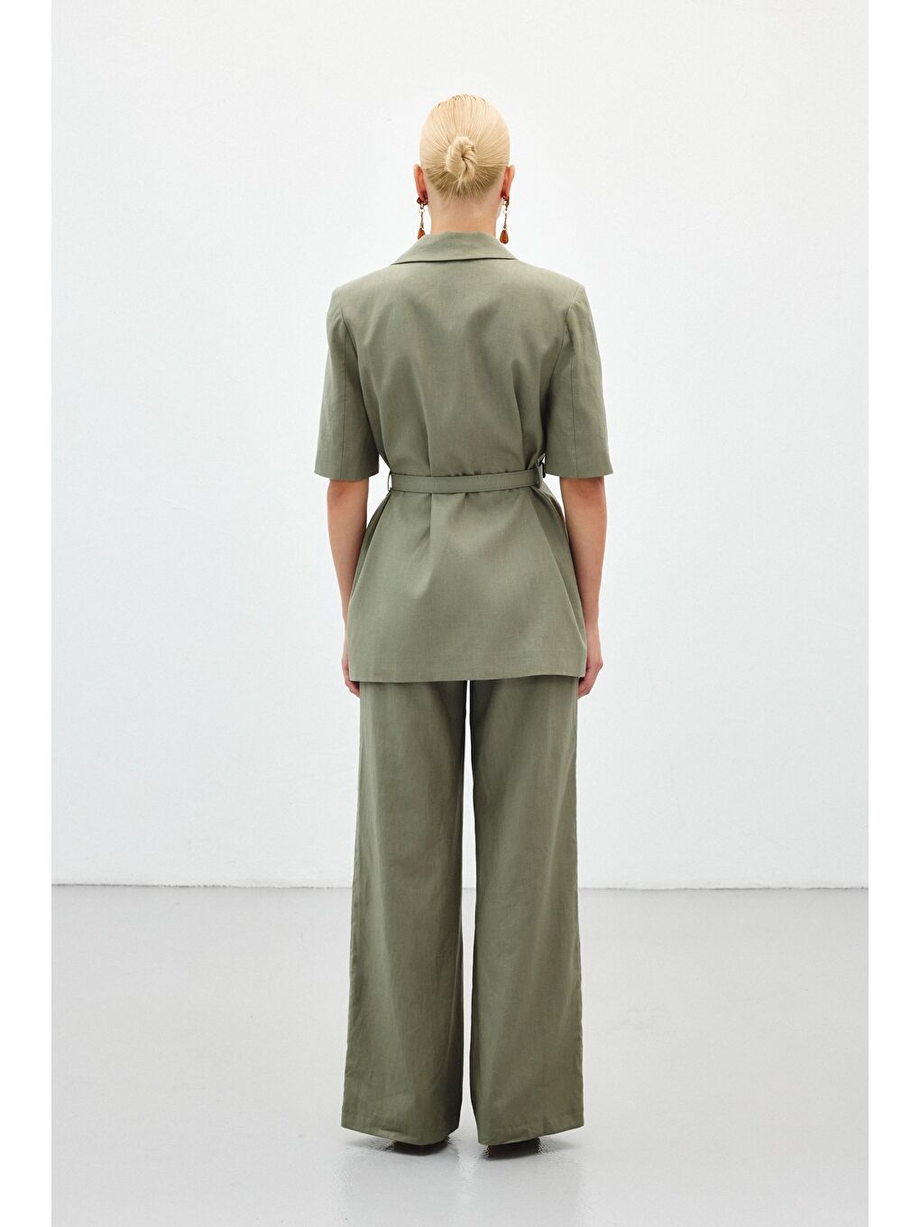 Kısa Kollu Kemerli Ceket - Haki-6