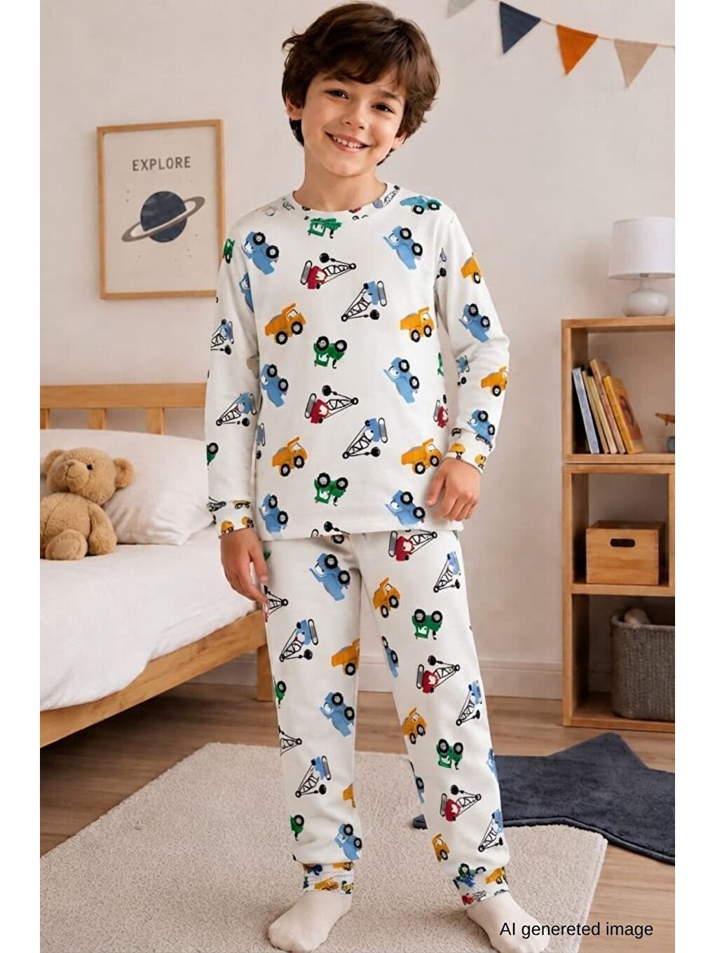 Beyaz Erkek Çocuk Yeni Sezon Pamuklu Desenli Pijama Takım Tkm1022