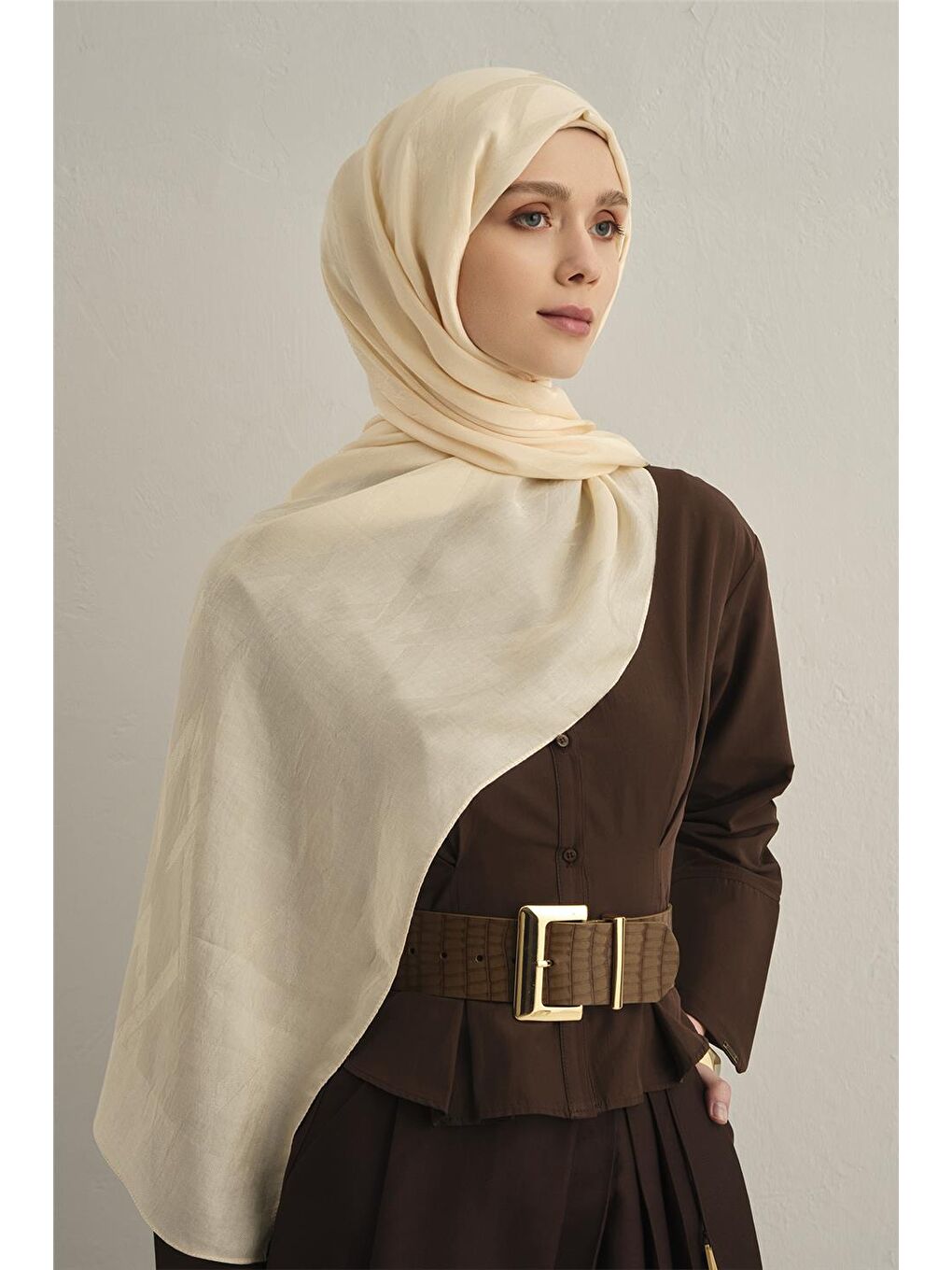 Ekru Lyocell Naia Zikzak Desen Şal 1- 60