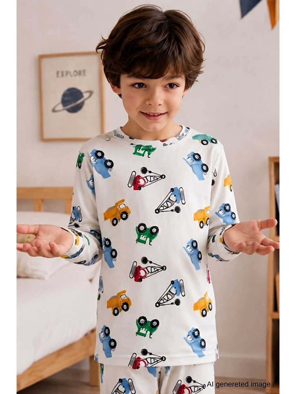 Beyaz Erkek Çocuk Yeni Sezon Pamuklu Desenli Pijama Takım Tkm1022-1