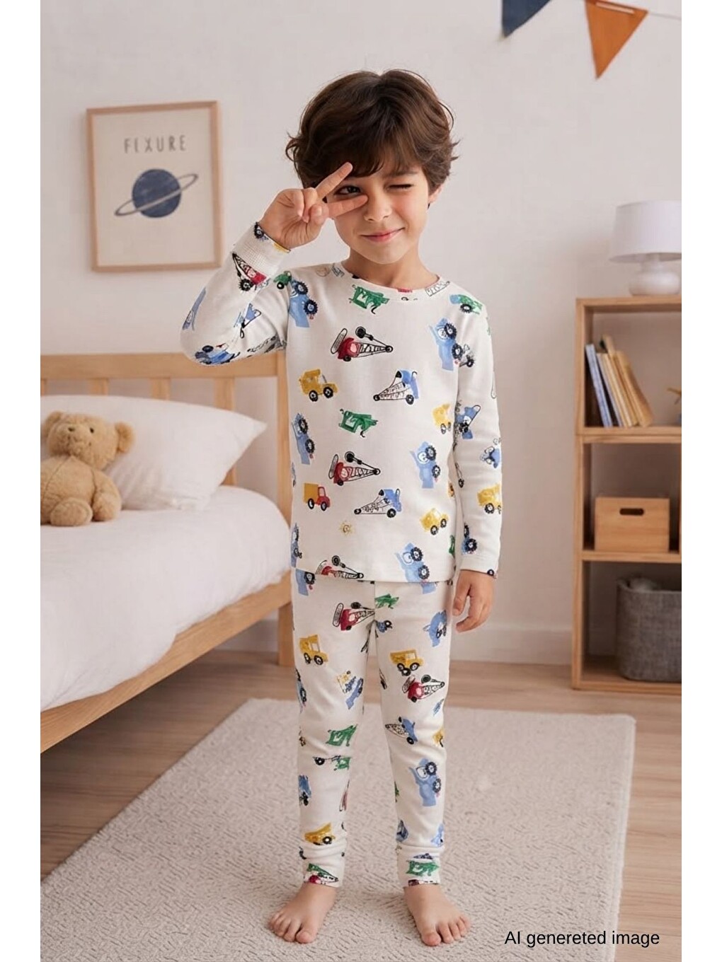 Beyaz Erkek Çocuk Yeni Sezon Pamuklu Desenli Pijama Takım Tkm1022-5