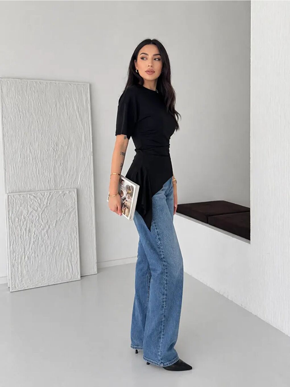 Siyah Asimetrik Drapeli Modern Basic Bluz-1