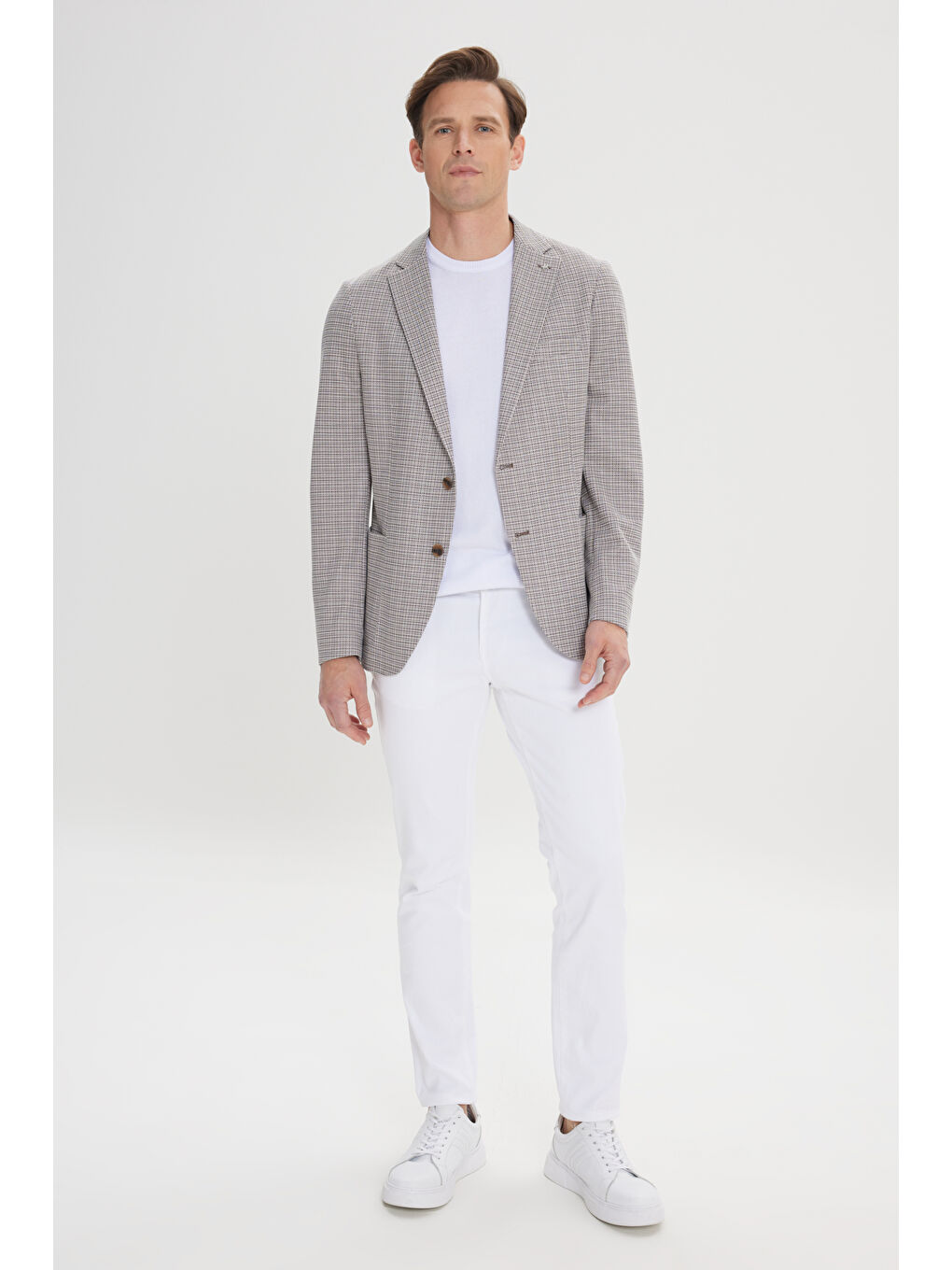 Kahverengi Erkek Kahve-Bej Slim Fit Dar Kesim Mono Yaka Desenli Blazer Ceket-1