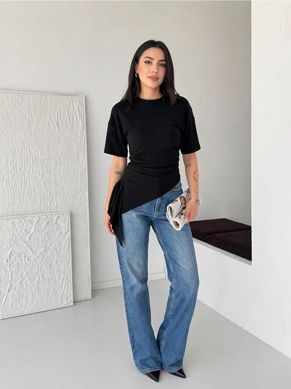 Siyah Asimetrik Drapeli Modern Basic Bluz-2