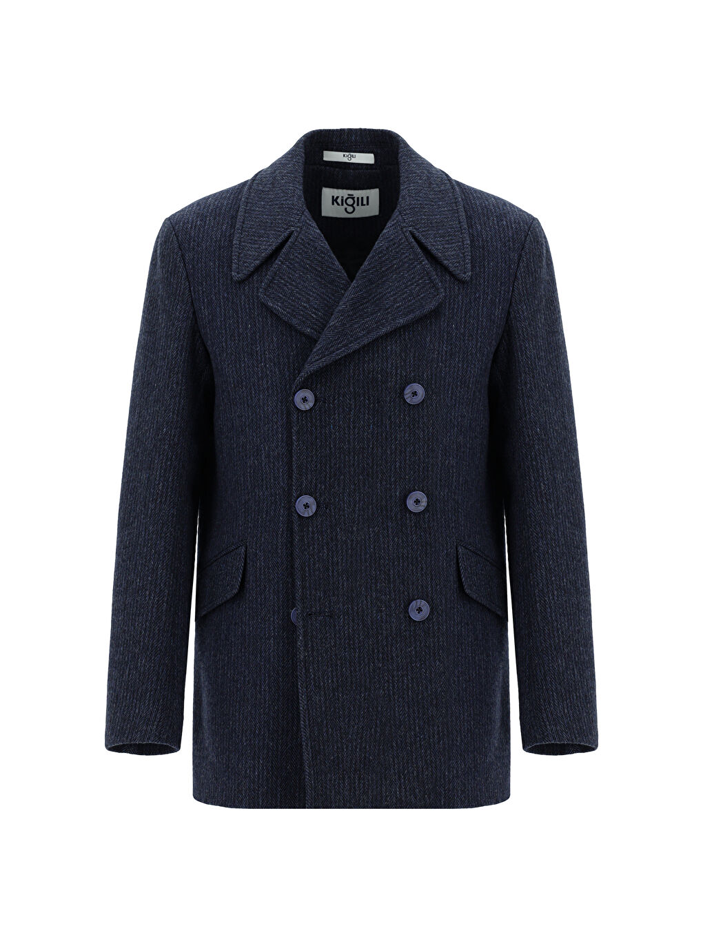 Lacivert Yünlü Desenli Kruvaze Kaban