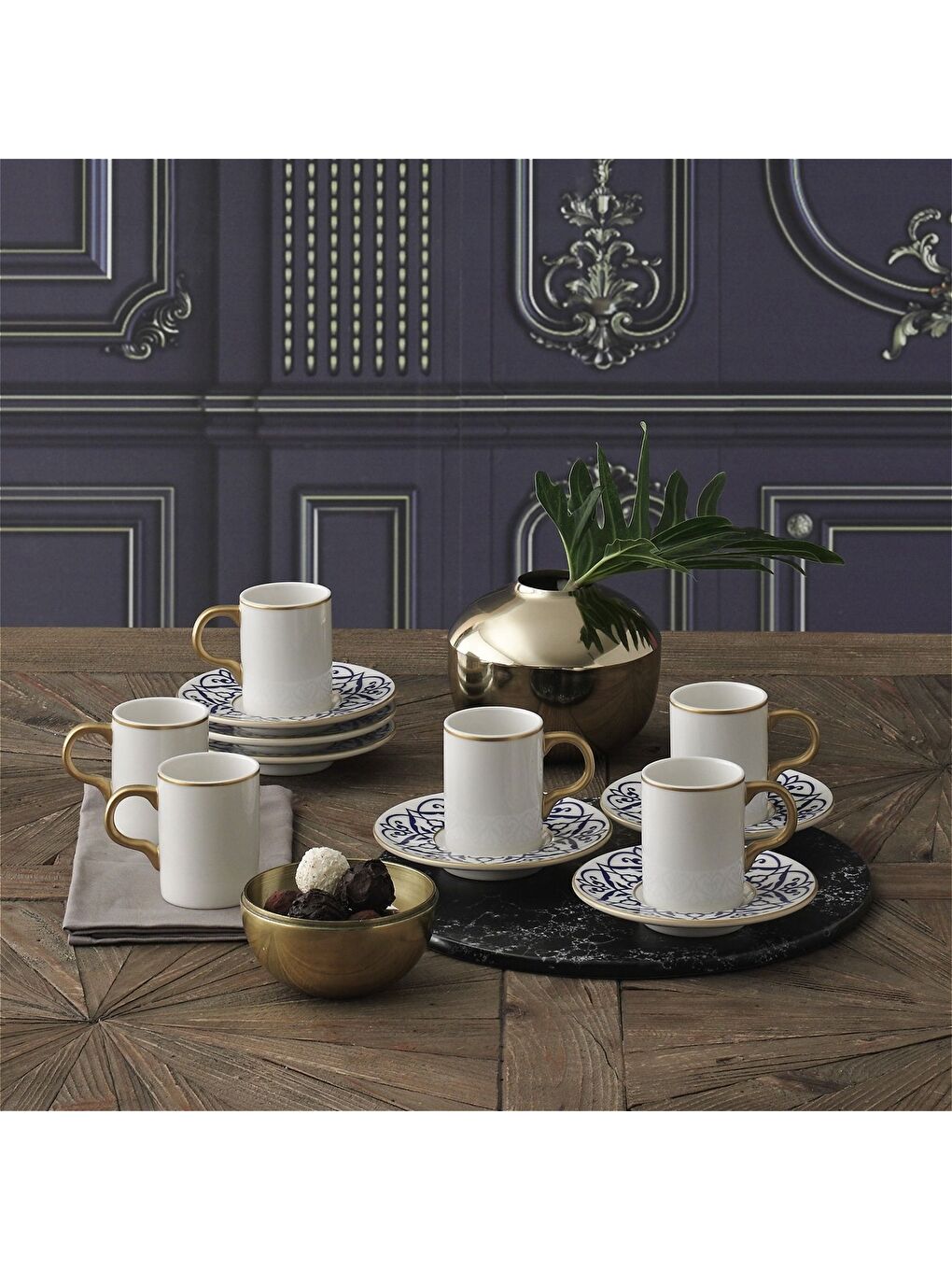 Ekru Camelia 12 Parça 6 Kişilik Bone Türk Kahvesi Fincan Takımı - 5552
