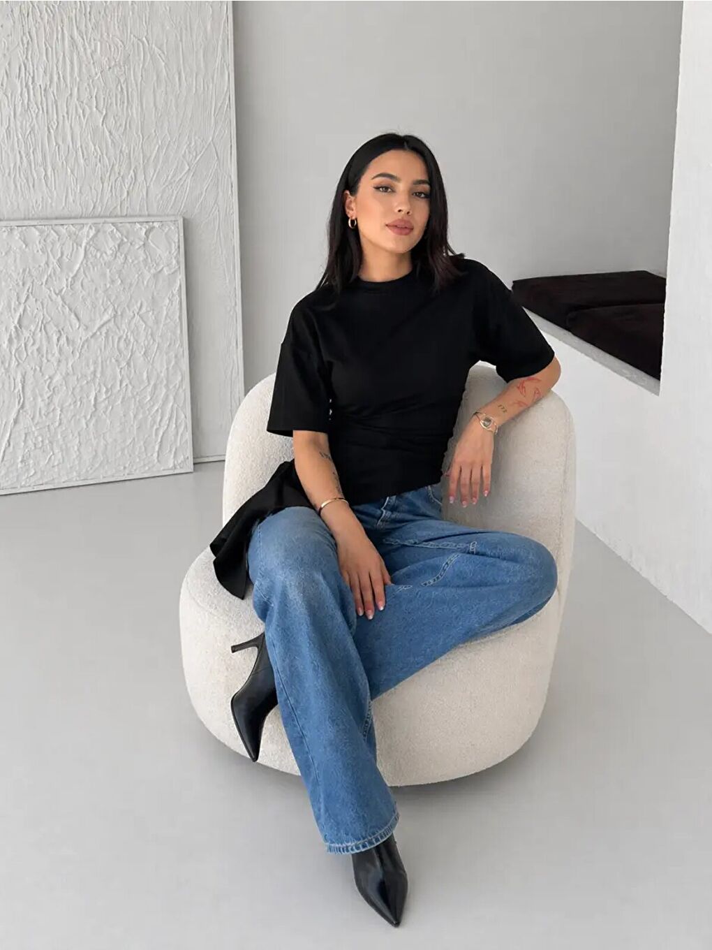 Siyah Asimetrik Drapeli Modern Basic Bluz-3