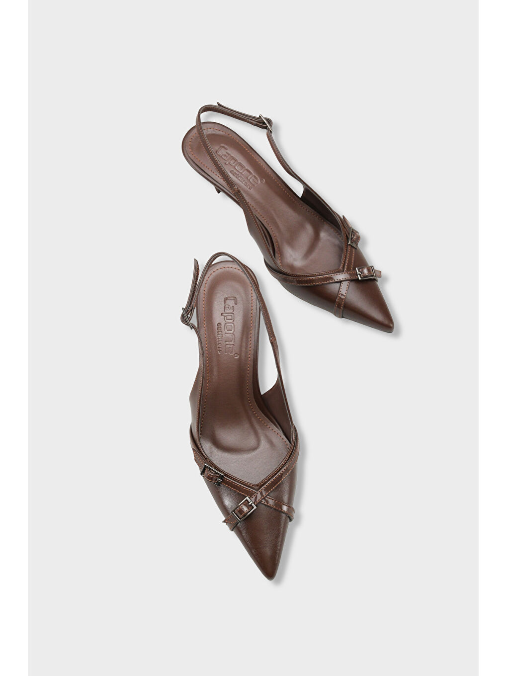 Kahverengi Sarine Sivri Burunlu Orta Topuklu Çapraz Tokalı Arkası Açık Kadın Ayakkabı-5
