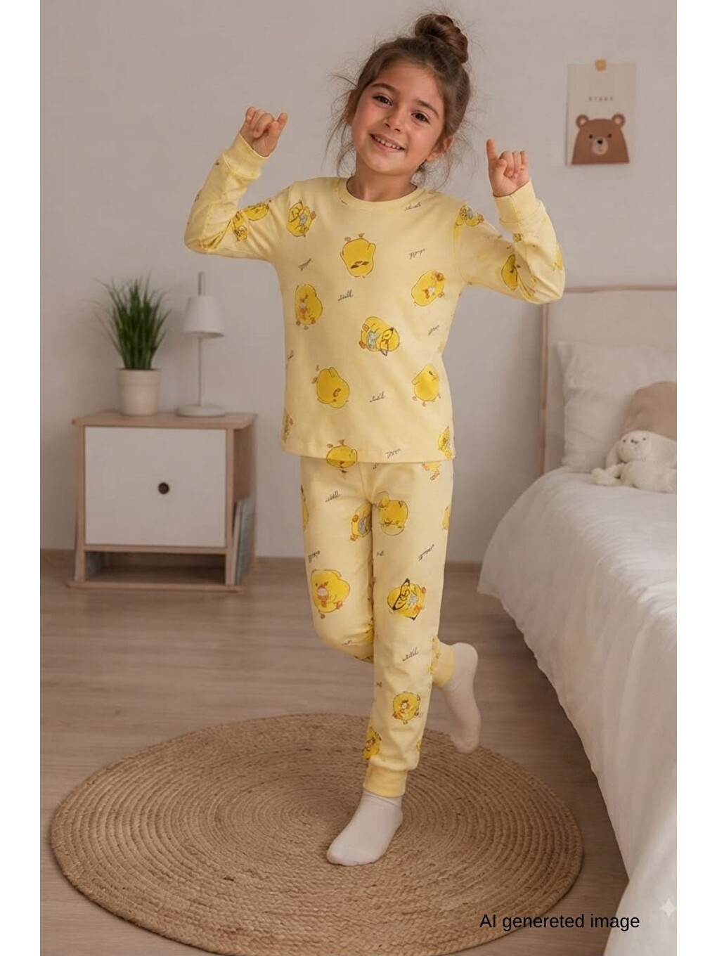 Sarı Kız Çocuk Yeni Sezon Pamuklu Desenli Pijama Takım Tkm1021-1