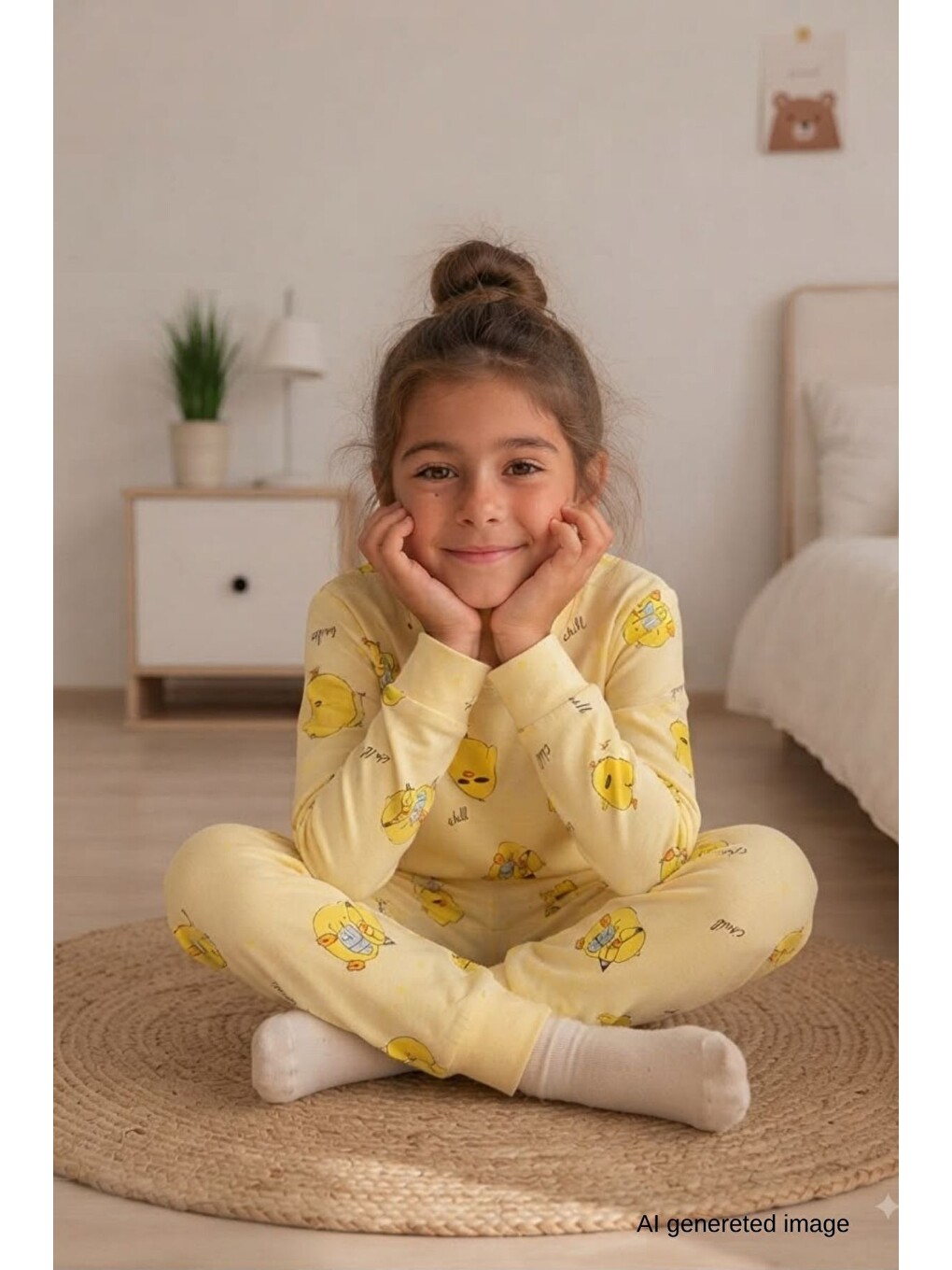 Sarı Kız Çocuk Yeni Sezon Pamuklu Desenli Pijama Takım Tkm1021-2