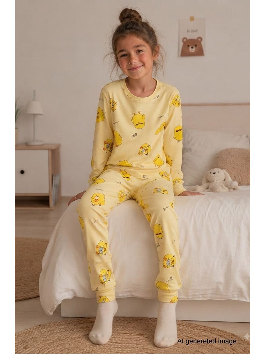 Sarı Kız Çocuk Yeni Sezon Pamuklu Desenli Pijama Takım Tkm1021-3