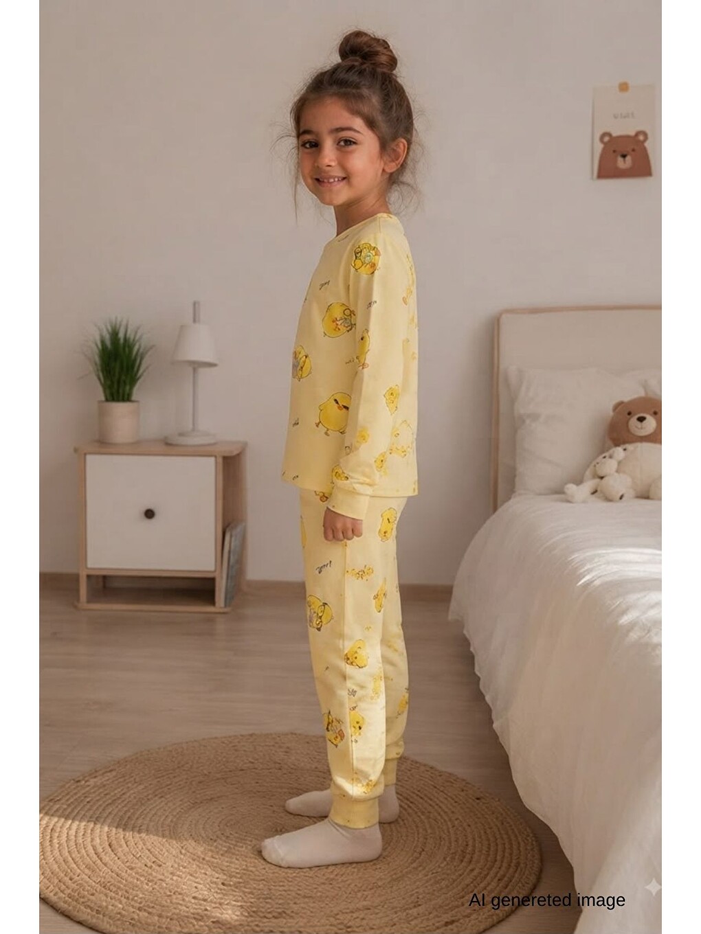 Sarı Kız Çocuk Yeni Sezon Pamuklu Desenli Pijama Takım Tkm1021-5