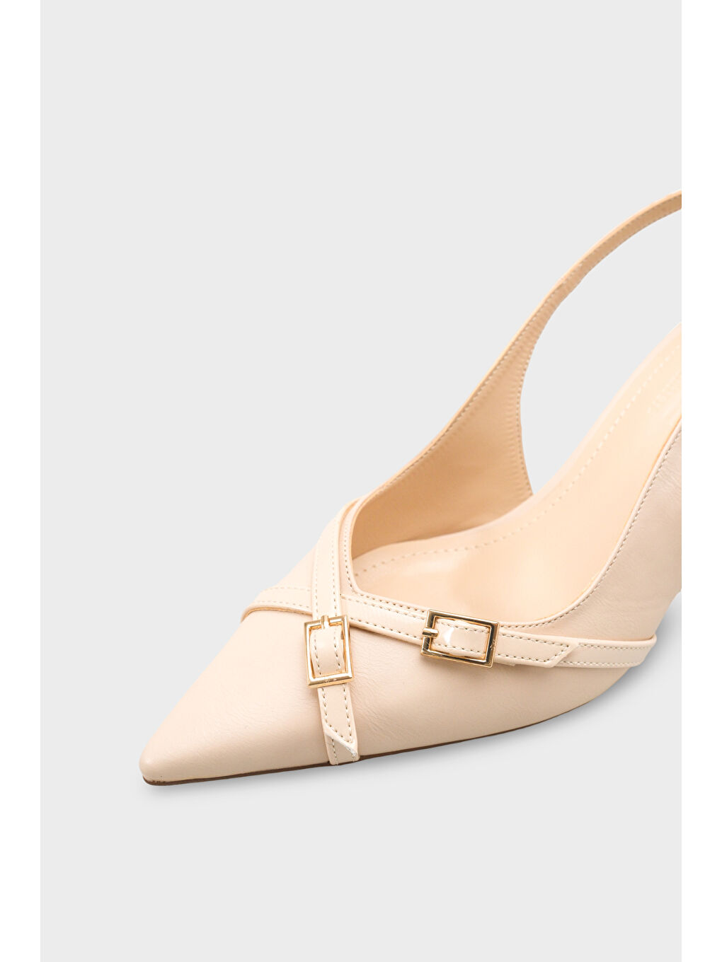 Ekru Sarine Sivri Burunlu Orta Topuklu Çapraz Tokalı Arkası Açık Kadın Ayakkabı-2