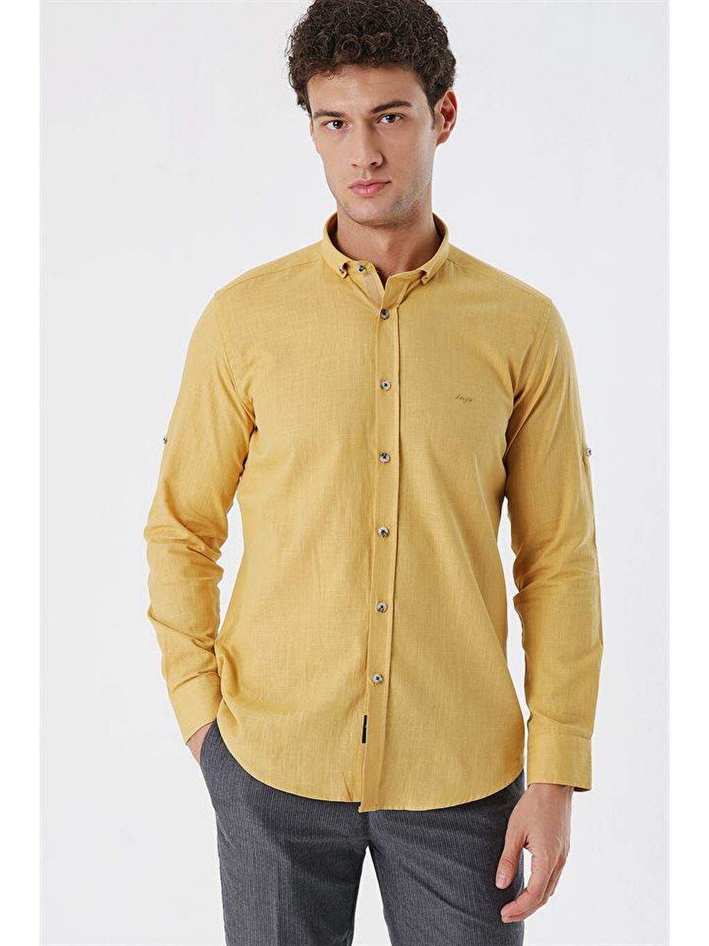 Sarı Bal Kısalabilir Kollu Cepsiz Biyeli %100 Pamuk Casual Slim Fit Dar Kesim Gömlek 1004230179