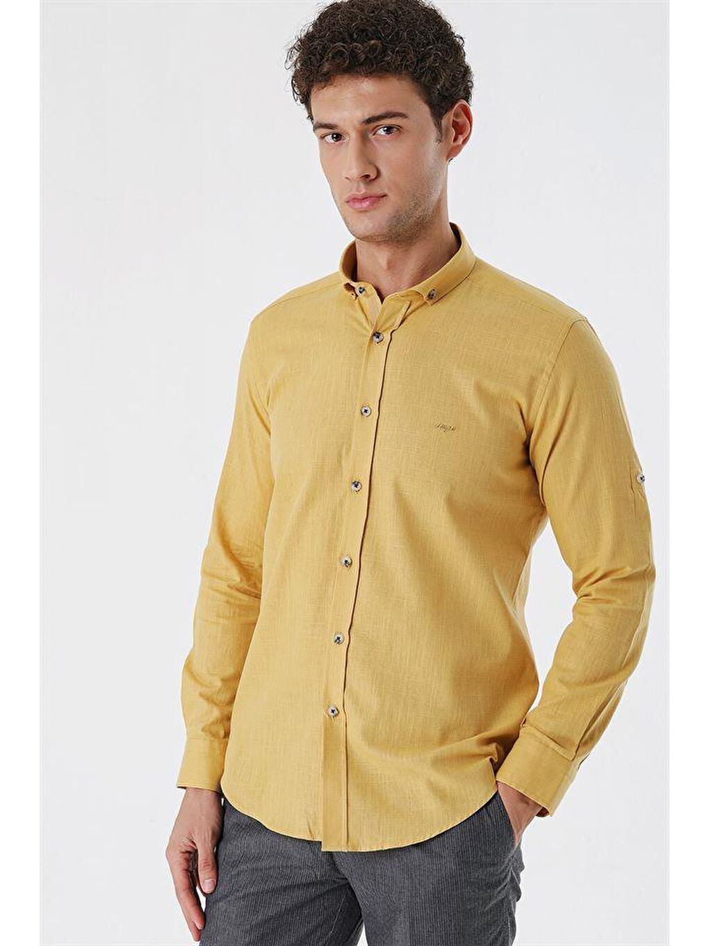 Sarı Bal Kısalabilir Kollu Cepsiz Biyeli %100 Pamuk Casual Slim Fit Dar Kesim Gömlek 1004230179-1