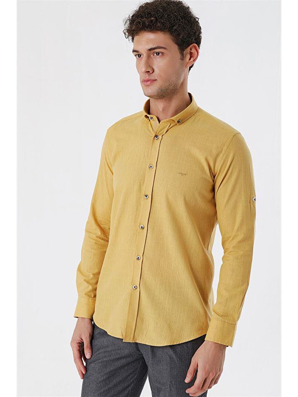 Sarı Bal Kısalabilir Kollu Cepsiz Biyeli %100 Pamuk Casual Slim Fit Dar Kesim Gömlek 1004230179-2