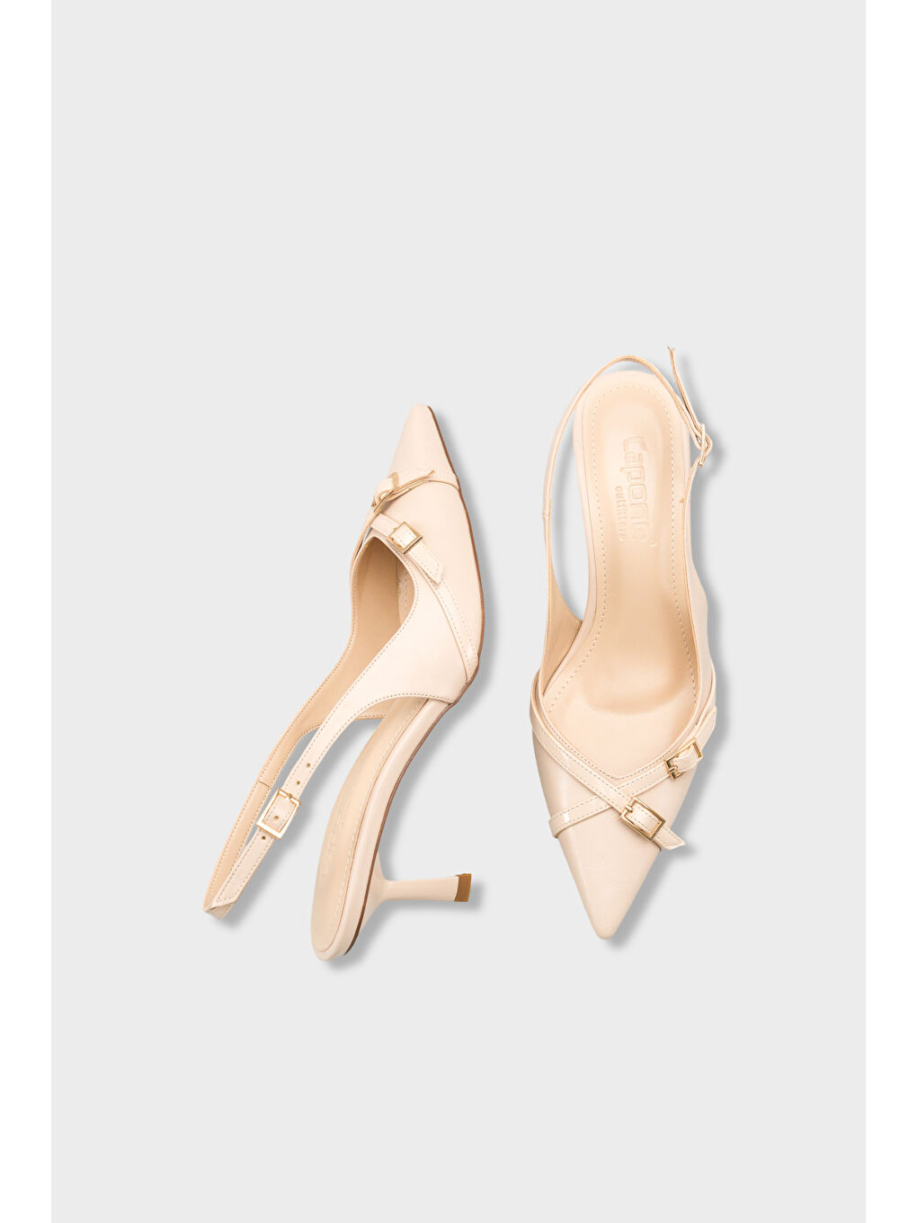 Ekru Sarine Sivri Burunlu Orta Topuklu Çapraz Tokalı Arkası Açık Kadın Ayakkabı-4