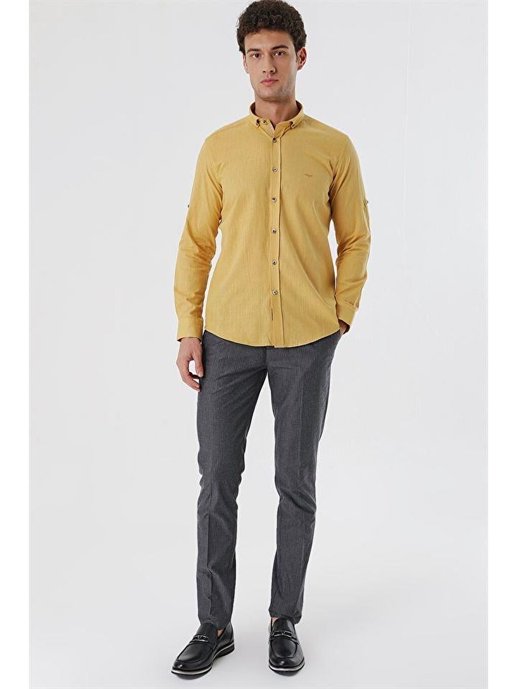 Sarı Bal Kısalabilir Kollu Cepsiz Biyeli %100 Pamuk Casual Slim Fit Dar Kesim Gömlek 1004230179-3