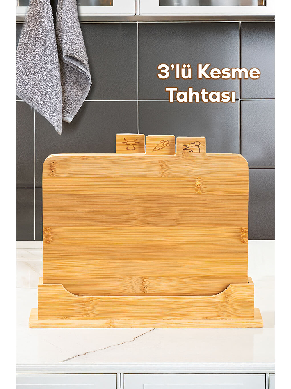 Kahverengi 16668 Piero Bambu 3lü Standlı Kesme Tahtası Seti Kesim Panosu Ahşap Kesme Tahtası 32cm