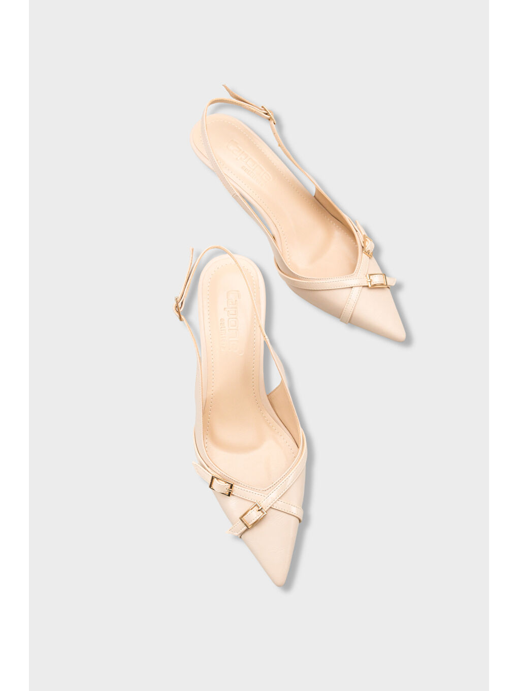 Ekru Sarine Sivri Burunlu Orta Topuklu Çapraz Tokalı Arkası Açık Kadın Ayakkabı-5