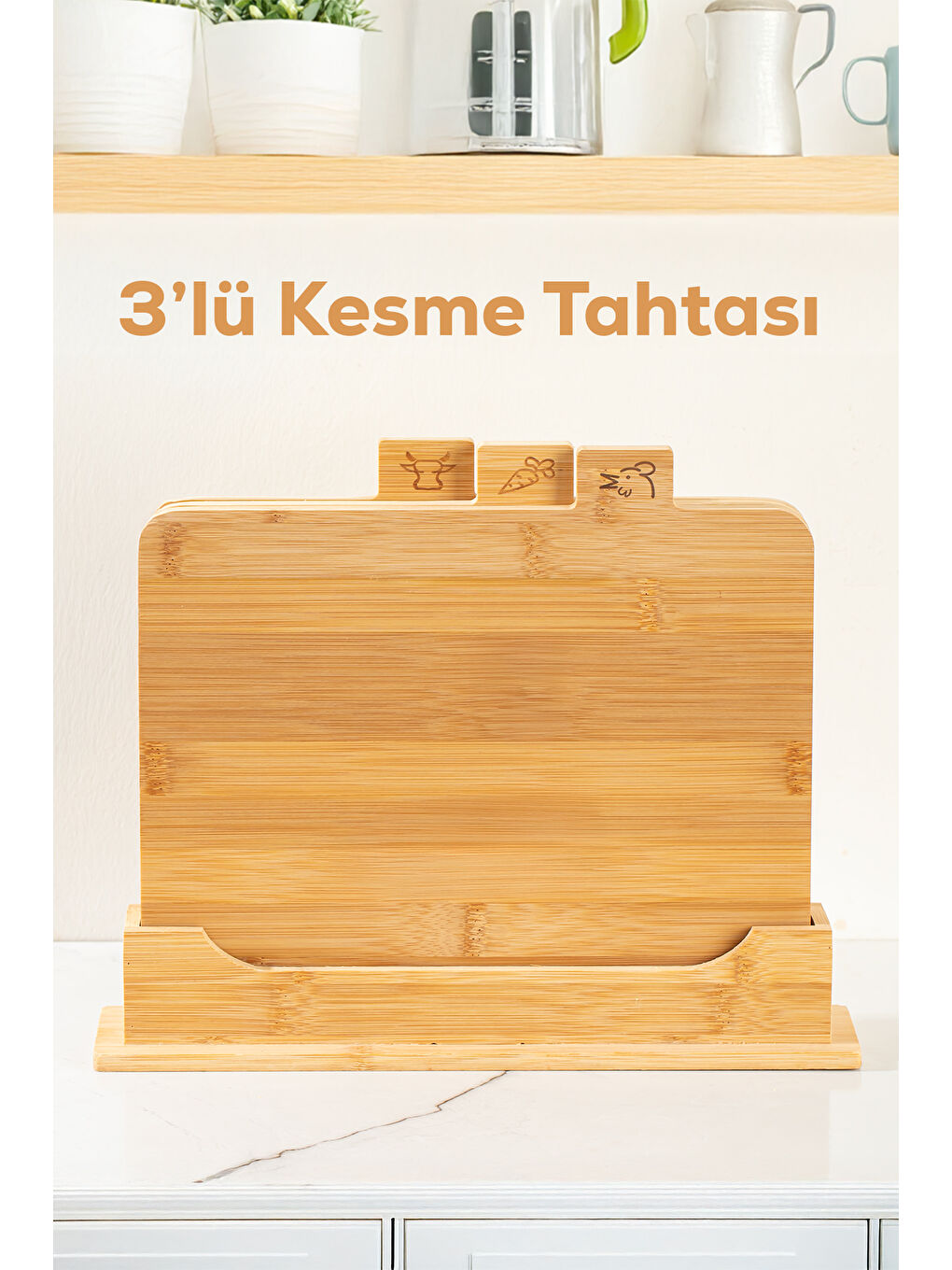 Kahverengi 16668 Piero Bambu 3lü Standlı Kesme Tahtası Seti Kesim Panosu Ahşap Kesme Tahtası 32cm-1