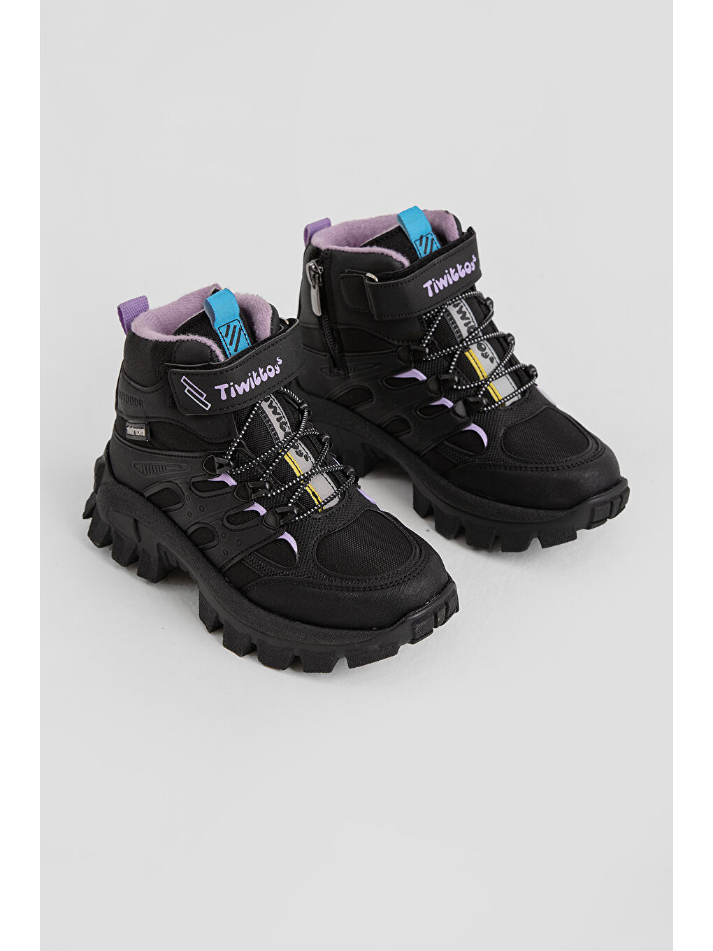 Çocuk Unisex Siyah Lila Kalın Kauçuk Taban Lastik Bağcıklı Cırtlı Outdoor Trekking Bot-2