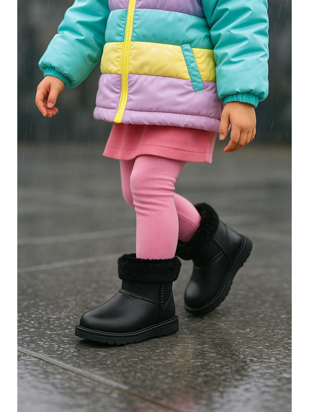 Kız Çocuk Siyah İçi Kürklü Sıcak Astarlı Çocuk PVC Bot