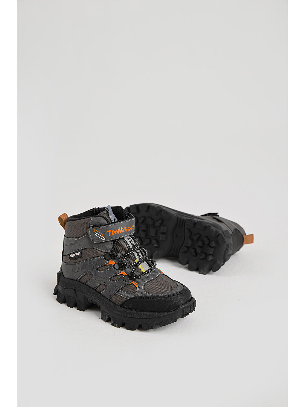 Gri Çocuk Unisex Füme Kalın Kauçuk Taban Lastik Bağcıklı Cırtlı Outdoor Trekking Bot-2