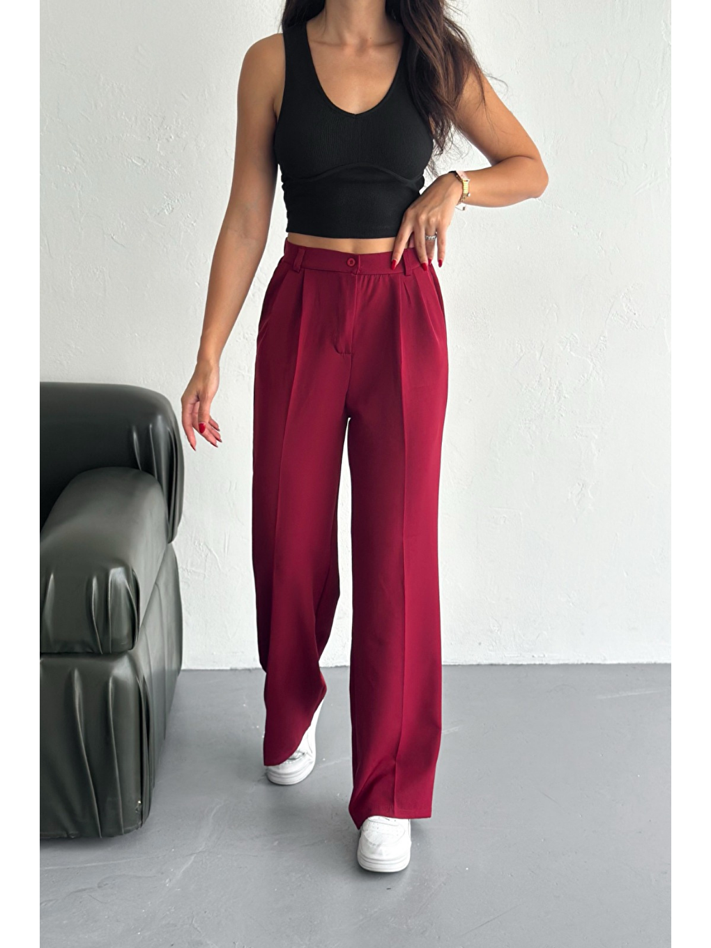 Kadın Double Bol Paça Palazzo Pantolon Kırmızı
