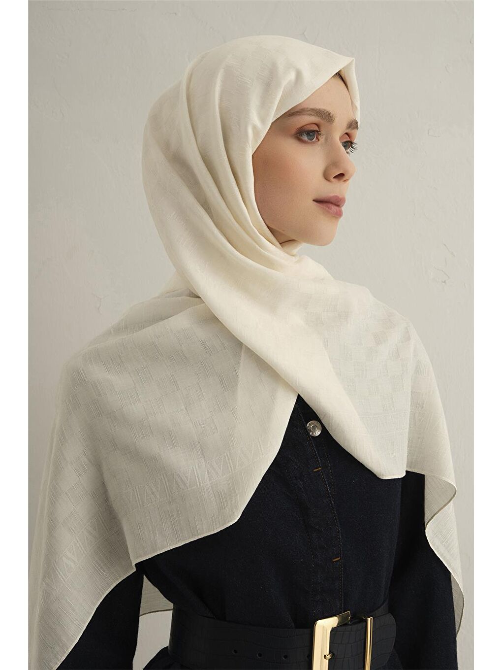 Ekru Pamora Dama Çerçeve Şal 2 58-3