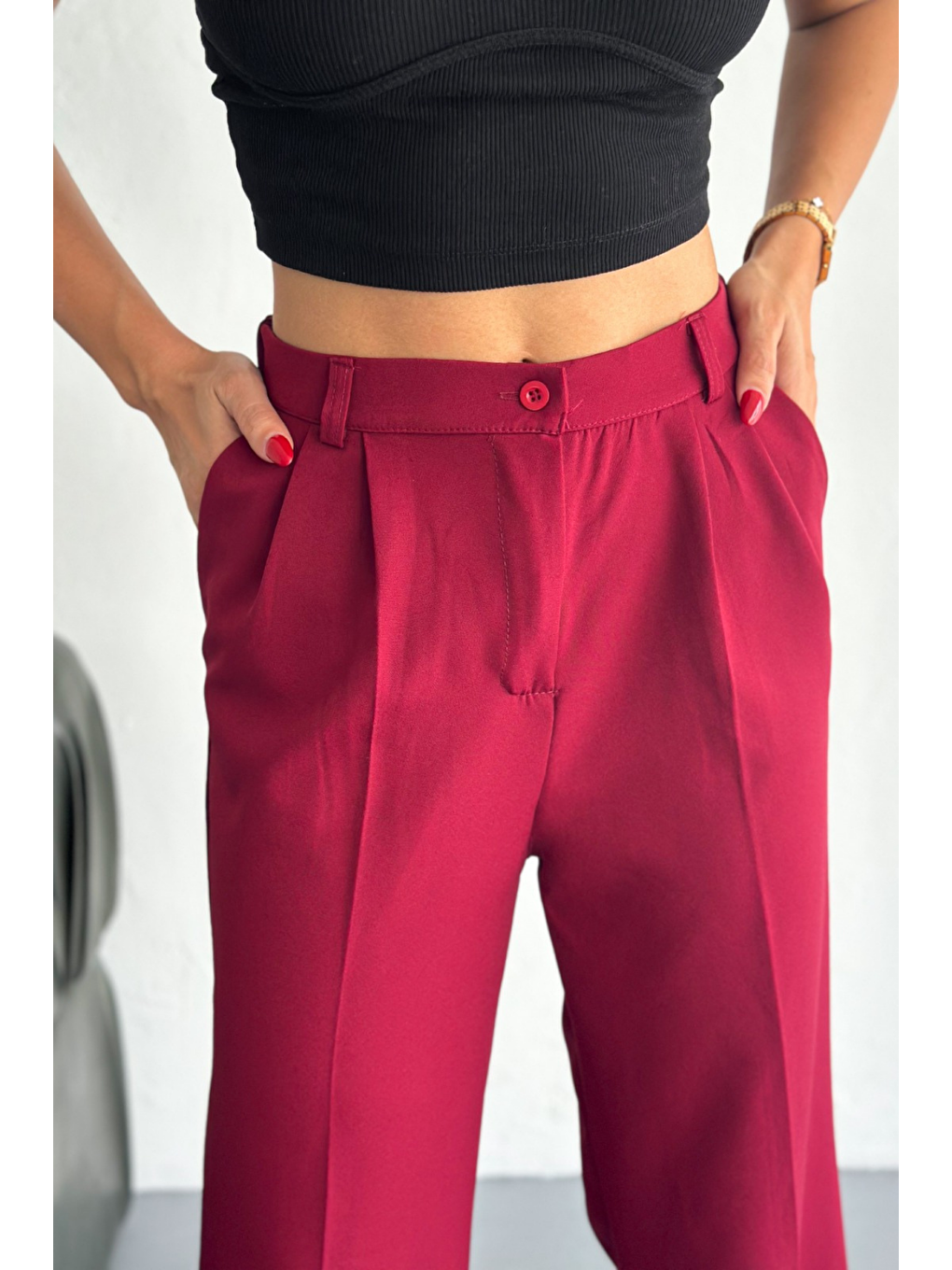Kadın Double Bol Paça Palazzo Pantolon Kırmızı-1