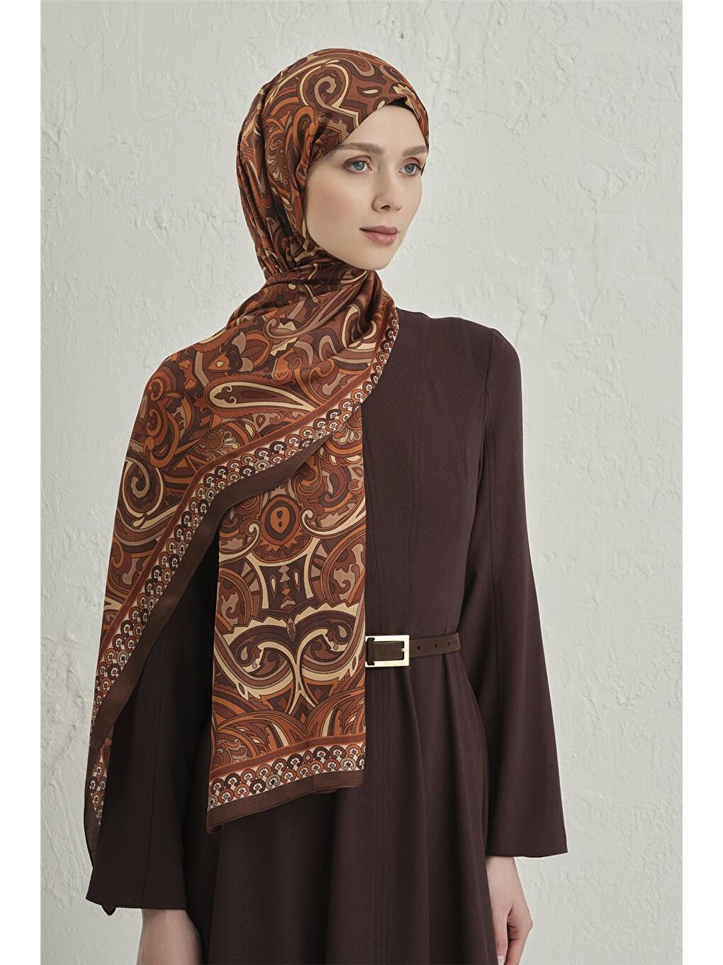 Kahverengi Premium Pure Etnik Desen Şal 2 26-2