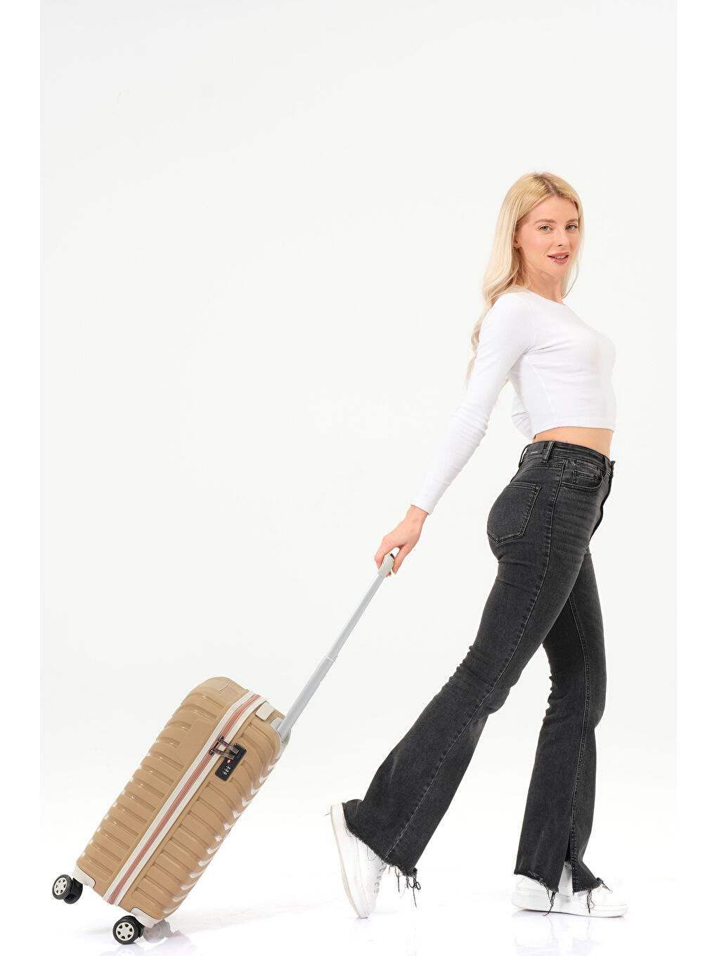 Sarı Kabin Boy Gold-Krem PP Valiz-5