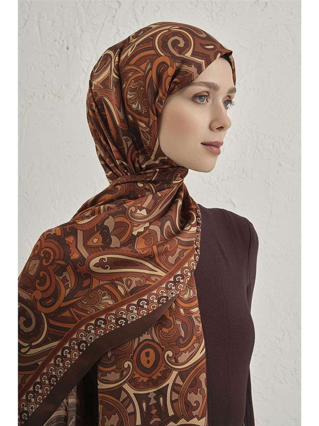 Kahverengi Premium Pure Etnik Desen Şal 2 26-3