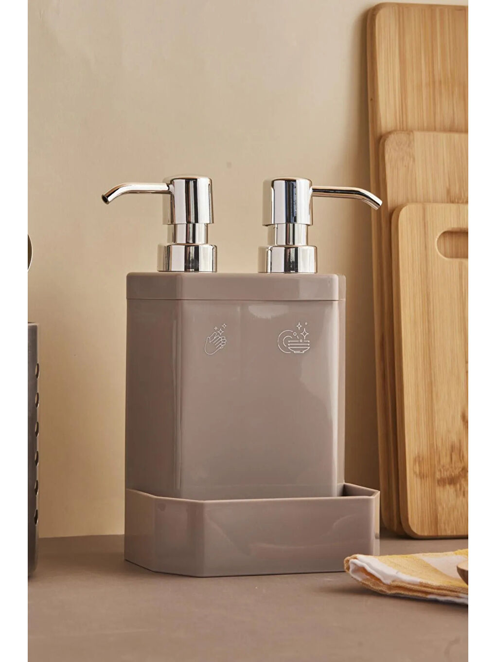 Kahverengi Marlon Lecce White 2’li Süngerlik Hazneli Mutfak Sıvı Sabunluk-Kahve-1