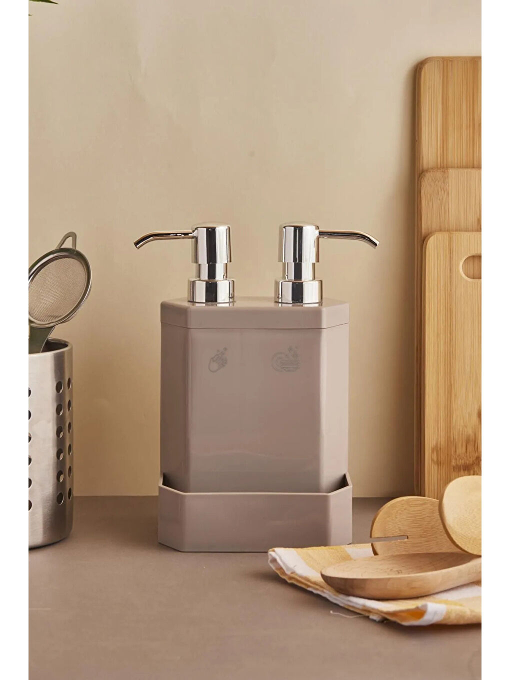 Kahverengi Marlon Lecce White 2’li Süngerlik Hazneli Mutfak Sıvı Sabunluk-Kahve-2