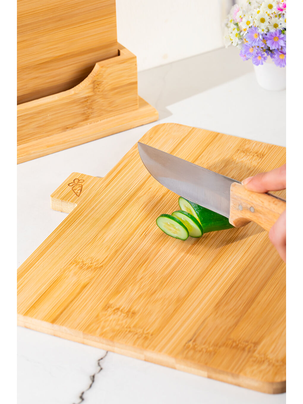 Kahverengi 16668 Piero Bambu 3lü Standlı Kesme Tahtası Seti Kesim Panosu Ahşap Kesme Tahtası 32cm-5