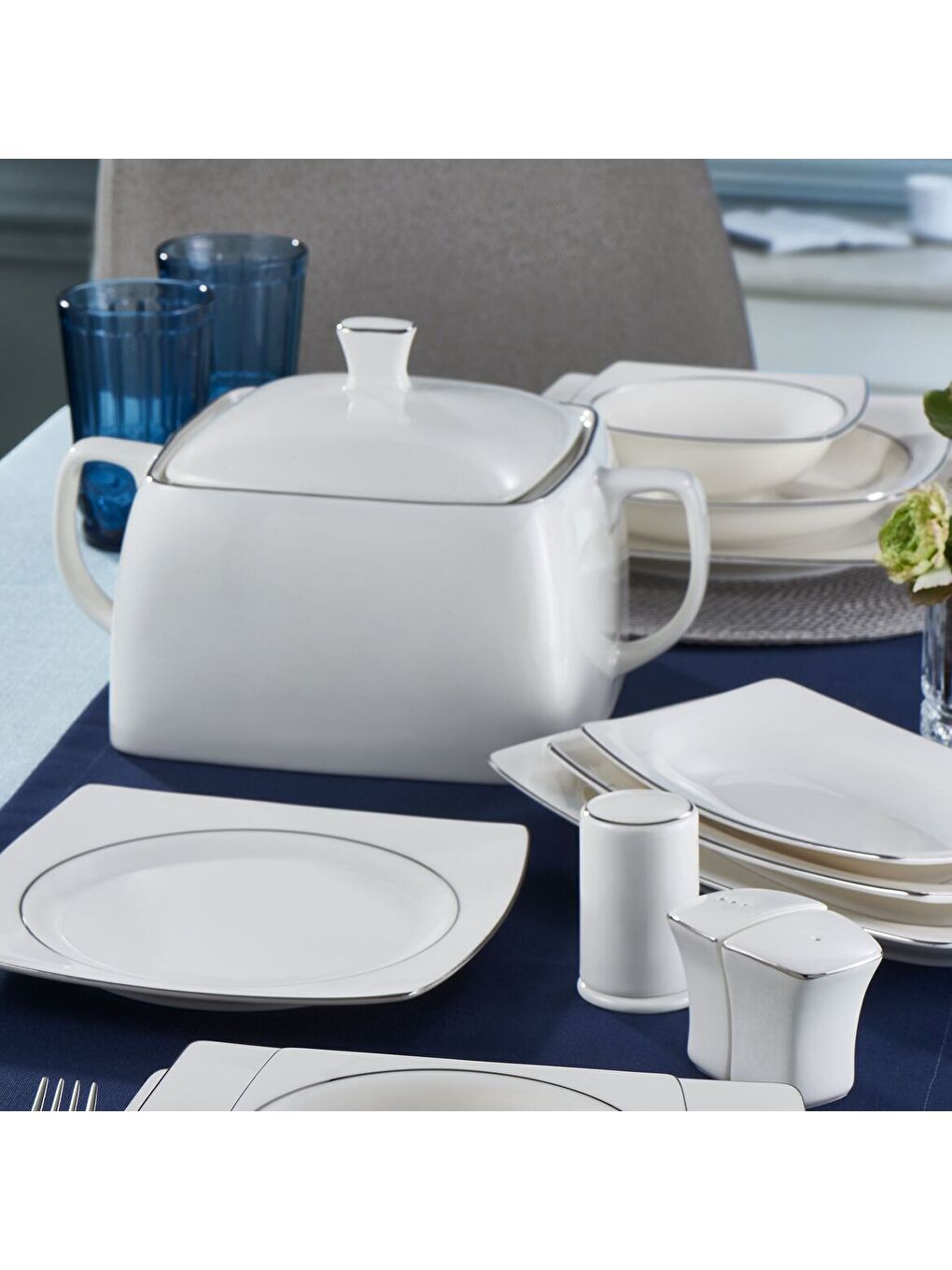 Ekru Caroline 62 Parça Kare Bone Yemek Takımı - 226-3