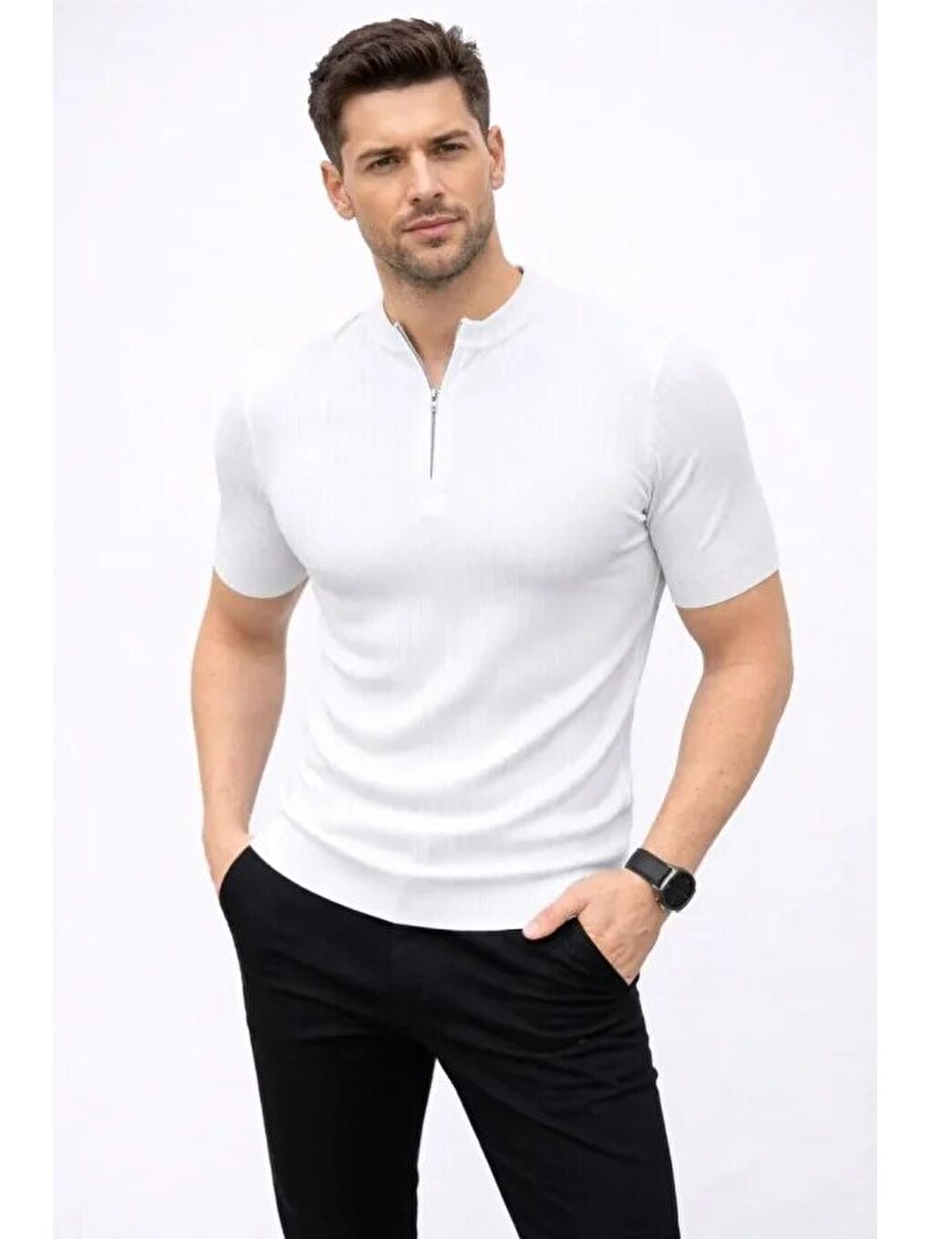 Beyaz Erkek Kısa Kol Fitilli Triko Tişört