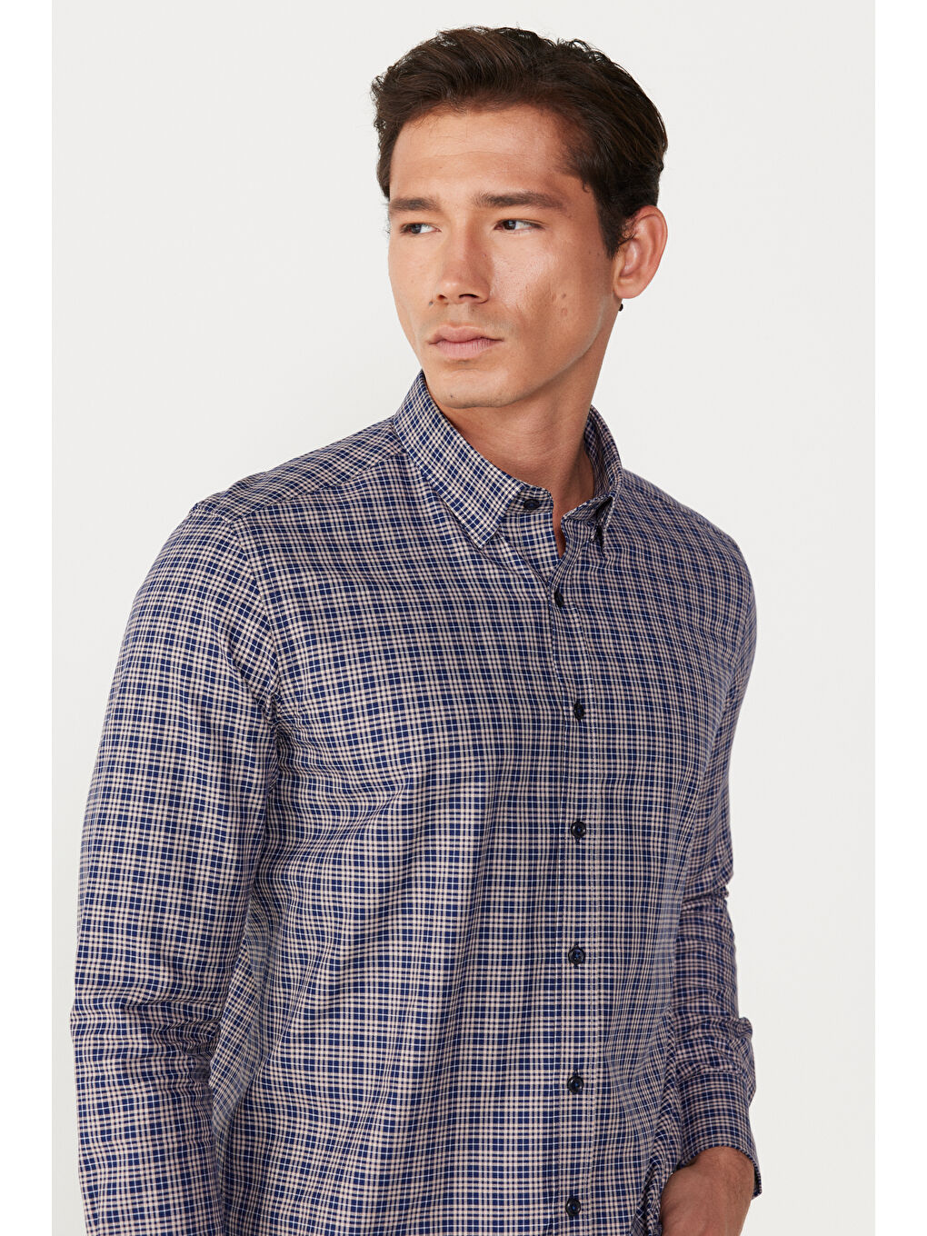 Erkek Lacivert-Bej Slim Fit Dar Kesim Gizli Düğme Yaka %100 Pamuk Gömlek-3