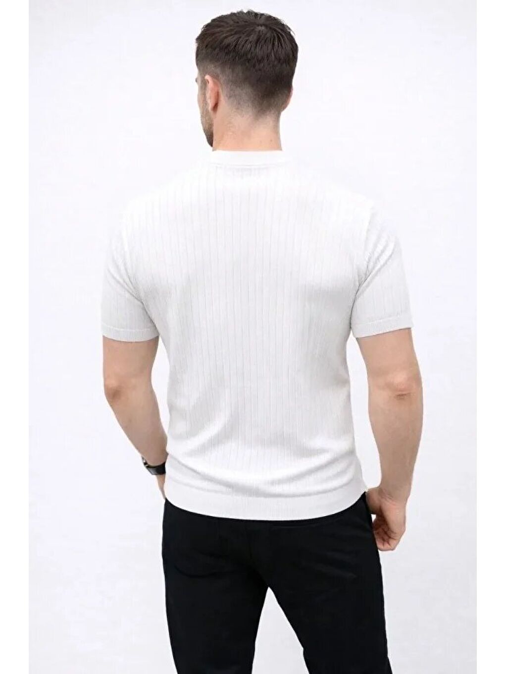 Beyaz Erkek Kısa Kol Fitilli Triko Tişört-1