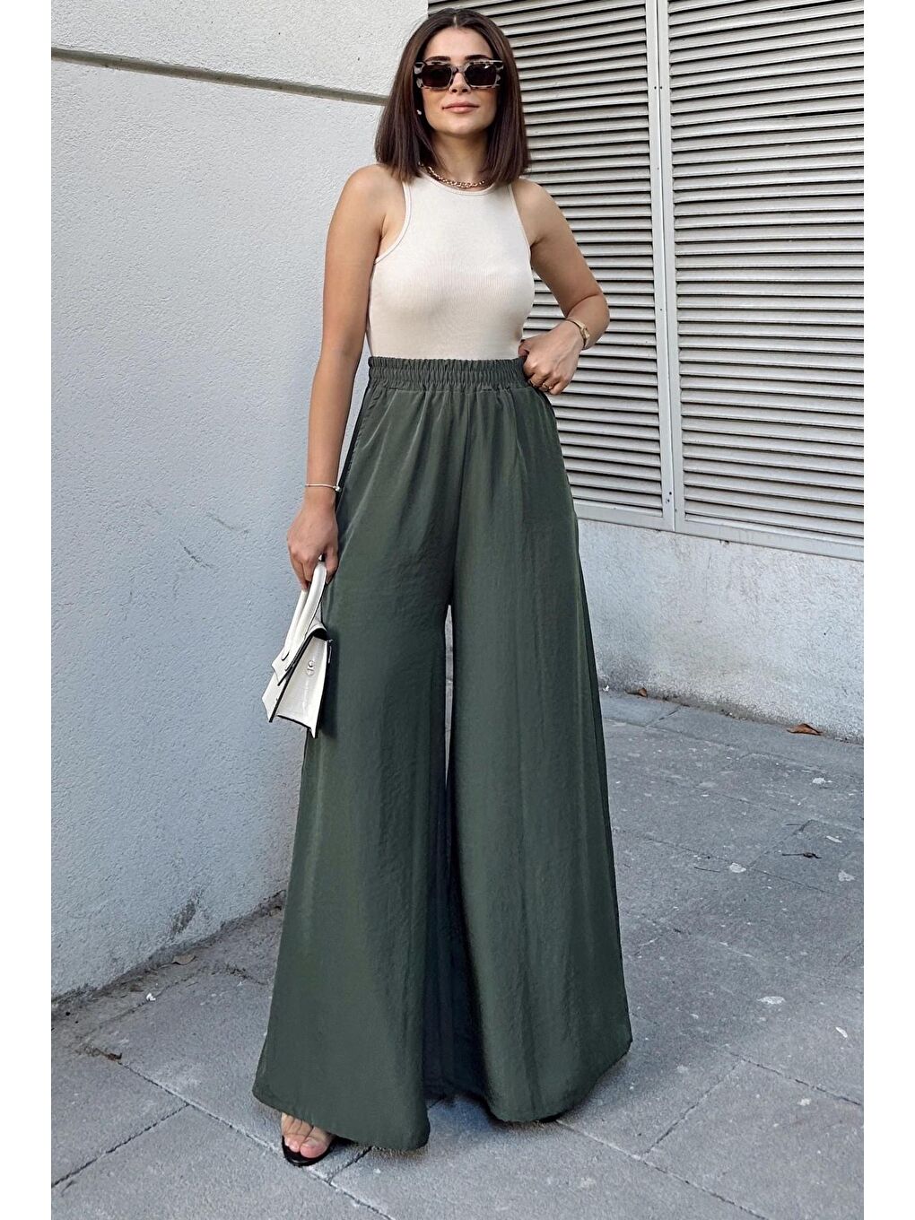 Haki Beli Lastikli İspanyol Bol Paça Pantolon