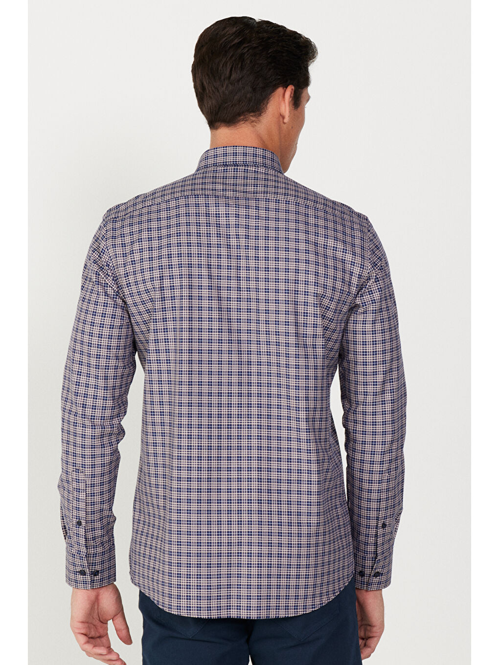 Erkek Lacivert-Bej Slim Fit Dar Kesim Gizli Düğme Yaka %100 Pamuk Gömlek-5