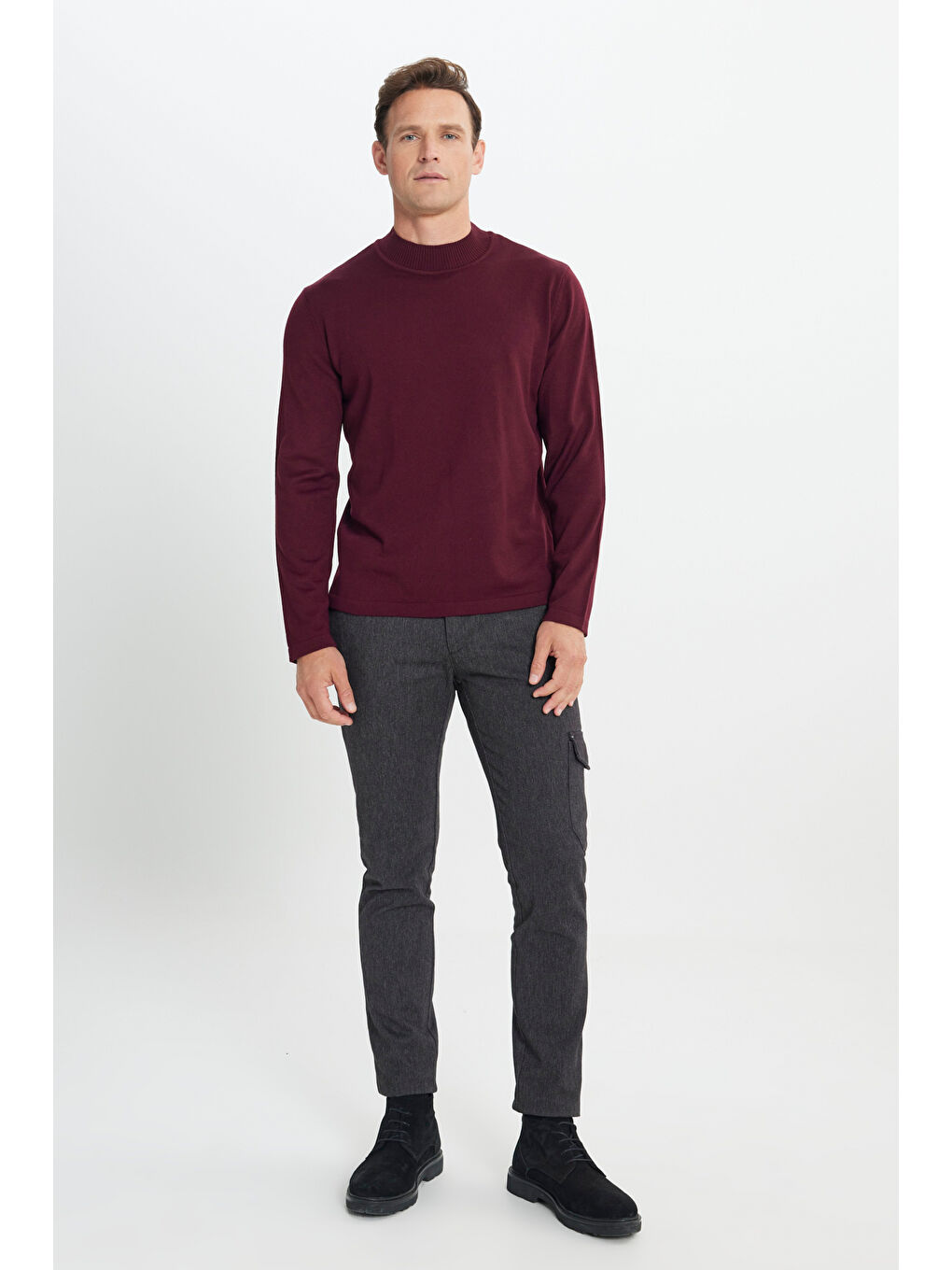 Erkek Bordo Tüylenme Yapmayan Anti-Pilling Standart Fit Yarım Balıkçı Yaka Triko Kazak-1