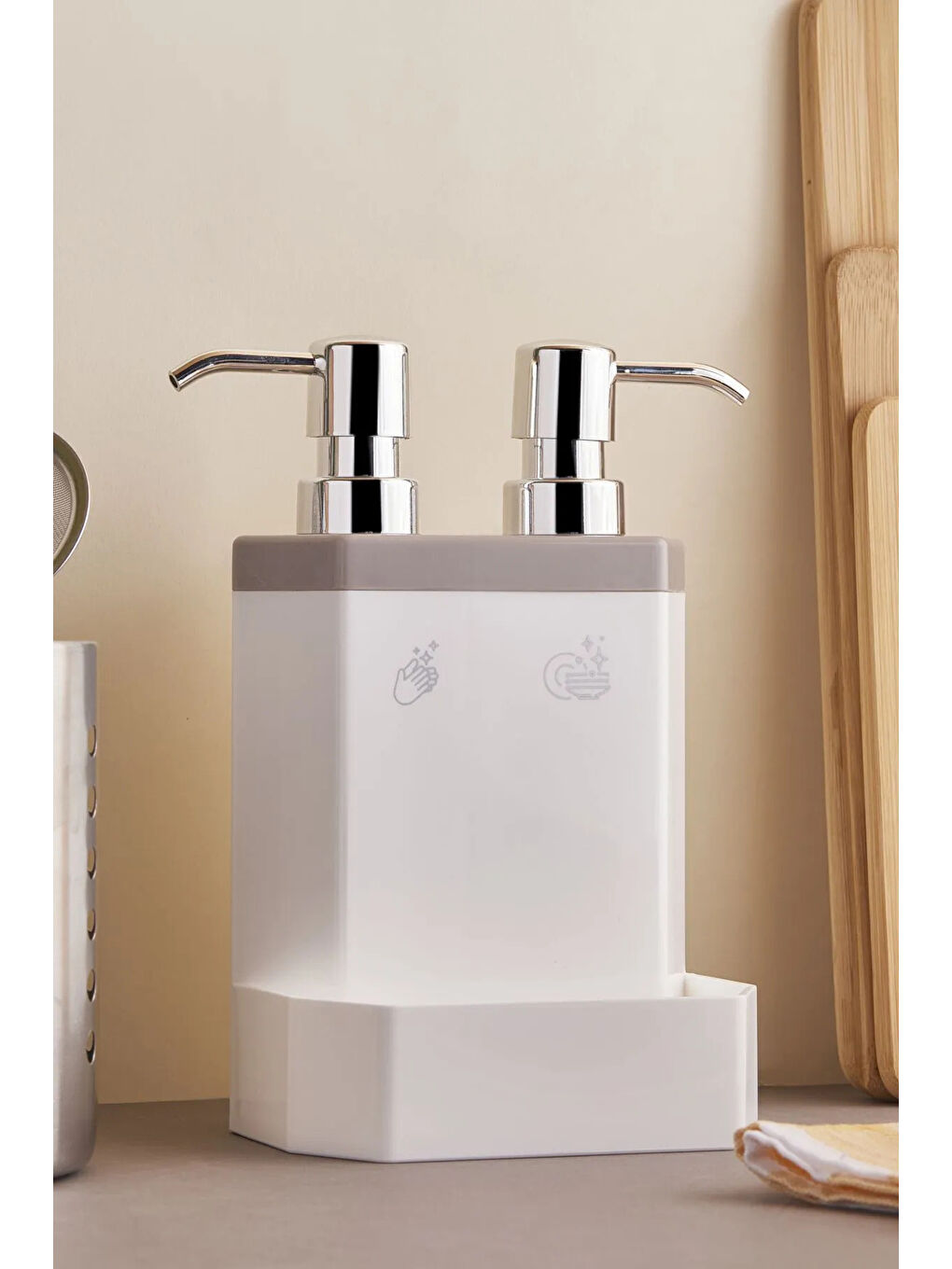 Bej Marlon Lecce 2'li Süngerlik Hazneli Mutfak Plastik Sıvı Sabunluk Kahverengi