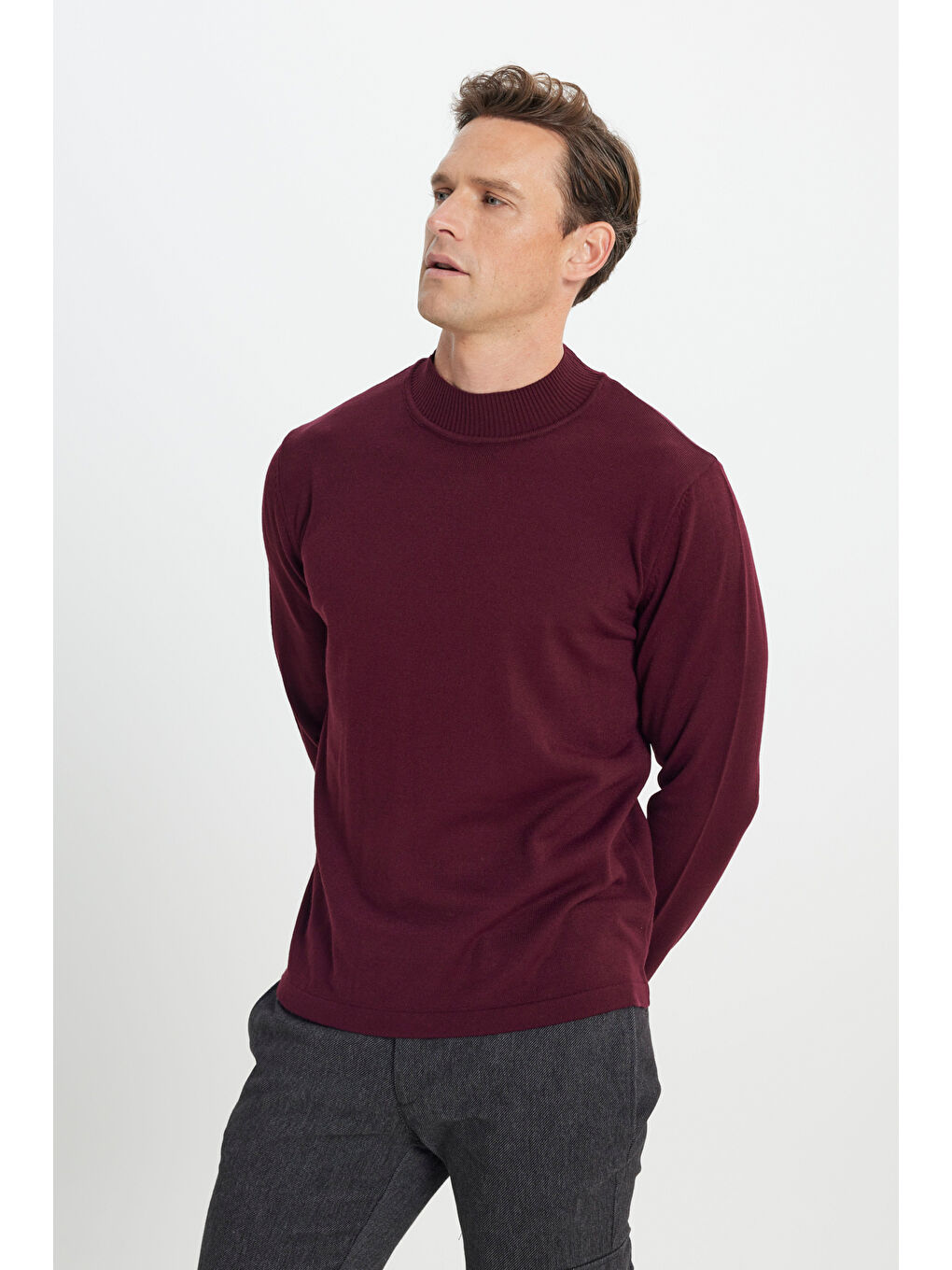 Erkek Bordo Tüylenme Yapmayan Anti-Pilling Standart Fit Yarım Balıkçı Yaka Triko Kazak-2